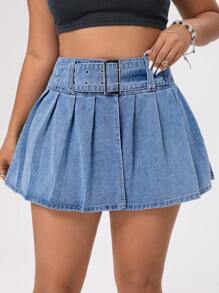 SHEIN ICON 大尺寸女士丹寧百褶裙 - 藍色 - 查看 1