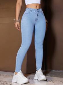 SHEIN EZwear Của phụ nữ Giảm béo Túi Thiết kế Quần jean - Màu xanh lam - Xem 1