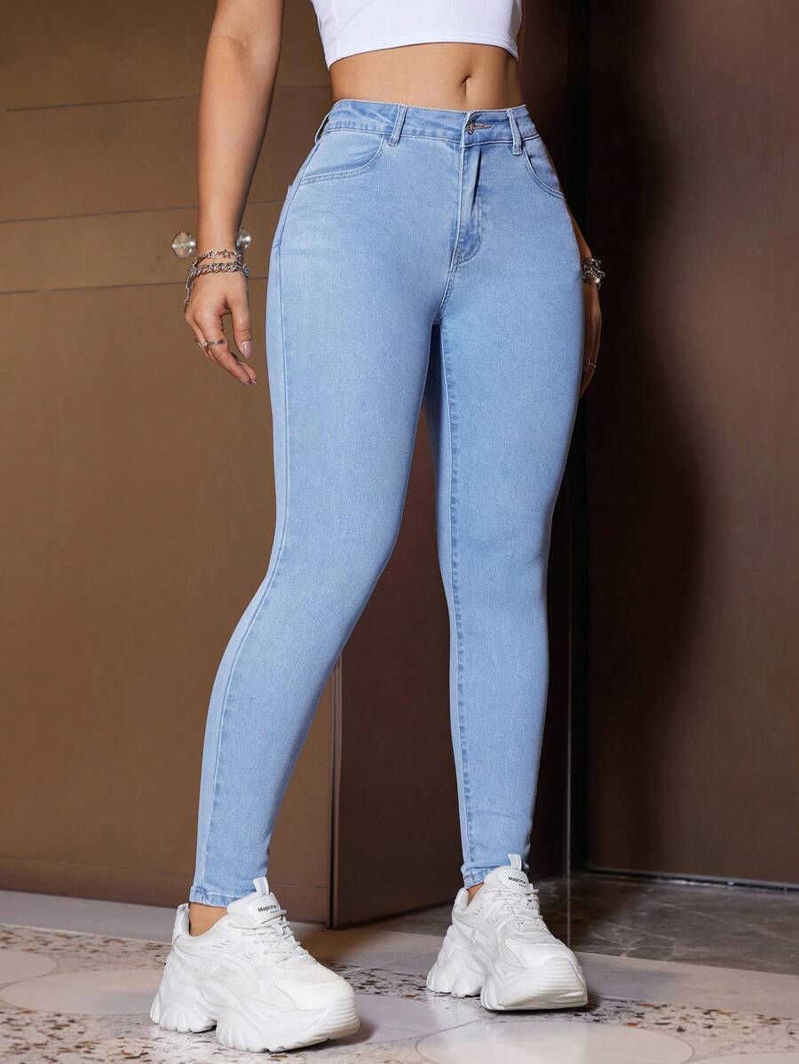 SHEIN EZwear Của phụ nữ Giảm béo Túi Thiết kế Quần jean - Màu xanh lam - Xem 1