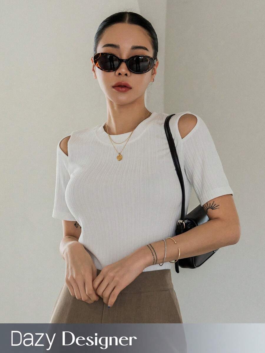 Dazy Designer Của phụ nữ Vai Thiết kế Áo thun - trắng - Xem 1