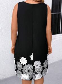 SHEIN LUNE Vestido Sin Mangas De Talla Grande Con Estampado De Flores - Blanco y Negro - Ver 2