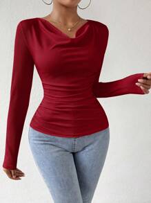 Chiquease Solid Color V-Neck Slim Fit Long Sleeve T-Shirt