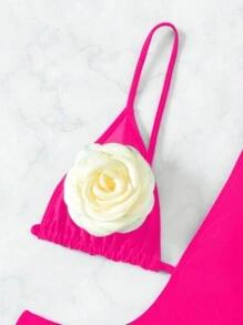 SHEIN Swim 镂空连体泳衣，3D花朵装饰，适合夏季、沙滩、游泳、度假 - 玫紅色 - 查看 3