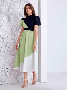 Modelyn Của phụ nữ Khối màu Đứng cổ áo Ống tay áo Đầm - màu xanh lá - Xem 5