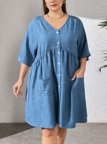 SHEIN Essnce 女式大碼假日日常穿著收腰藍色麻質連衣裙 - 藍色 - 查看 6