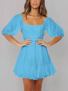 Ladies' Solid Color Square Neck Lantern Sleeve Dress - Baby Blue - View 4