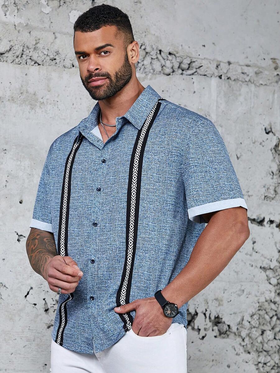 Manfinity Homme Nam Kích thước lớn Khối màu In Hình học Áo sơ mi - Xám - Xem 1