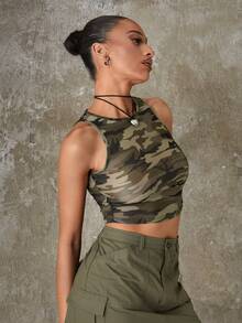 SHEIN EZwear Summer Grunge & Gorpcore Camo Print Mesh Tank Top - Army Green - View 6