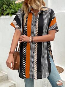 Breezaya Women's Colorblock Geometric Print Patchwork Batwing Sleeve Shirt - Multicolor - View 3