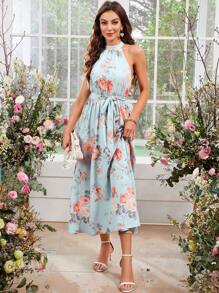 SHEIN Clasi 女士花卉印花露背連衣裙 - 彩色 - 查看 3