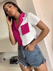 Zolique 女士拼色翻领短袖衬衫、短袖上衣 - 彩色 - 查看 4