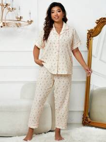 Conjunto de pijama con piping en contraste con estampado floral menudo talla extra - Beis - Ver 3