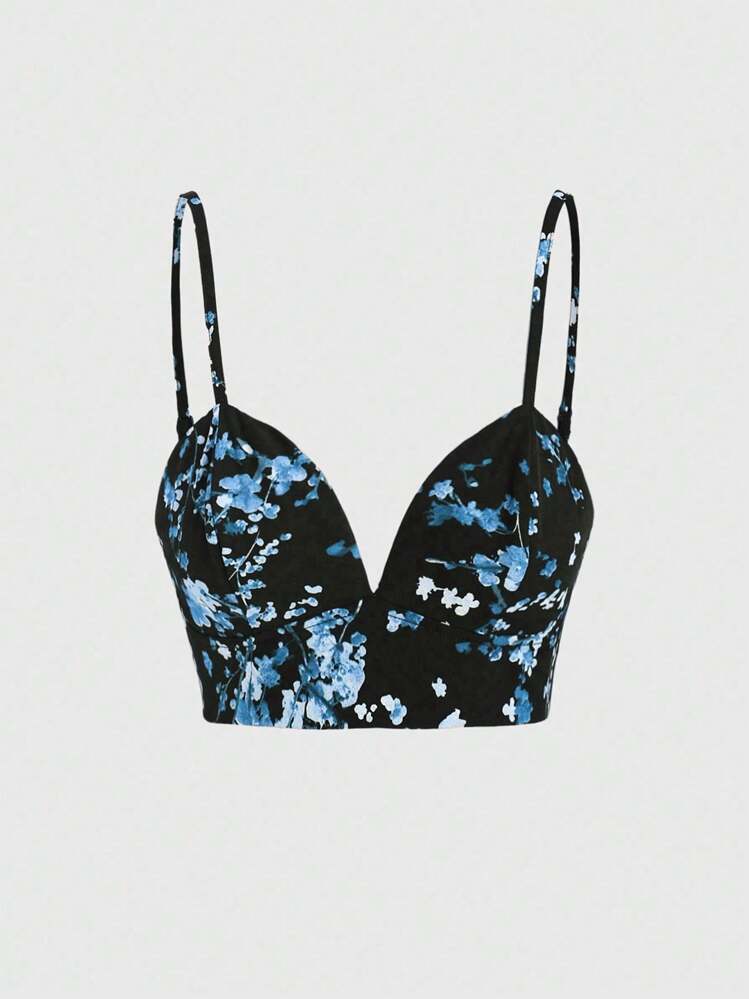 SHEIN Unity 復古花卉印花v領背心上衣 - 藍色 - 查看 1