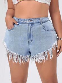SHEIN ICON Pantalones Cortos De Mezclilla De Talla Grande Con Dobladillo Deshilachado Y Bolsillos Diagonales - Azul - Ver 5