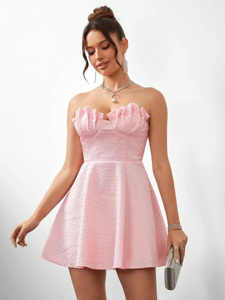 Women's Romantic And Beautiful Off-The-Shoulder Pink Jacquard Fabric Chiffon Strapless Dress With Shell Chest Design And A-Line Dress For Suitable For Music Festival Graduation Season Formal Cocktail Dress