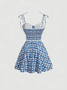 SHEIN MOD Ladies' Checkered Print Strap Tank Top With Bowknot And Skirt Two Piece Set