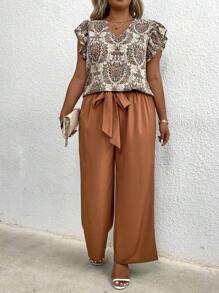 SHEIN LUNE Top imprimé floral de style bohème avec encolure V et manches à volants et pantalon droit ample, style décontracté pour l'été, grande taille