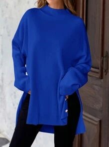 EURMUSE كنزة صوفية صوفية واسعة السيدات المقاسات الكبيرة ذات الياقة العالية للشتاء - أزرق غامق - مشاهدة 5