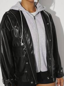 Hauture 對比色帽套pu皮衣 - 黑色 - 查看 6