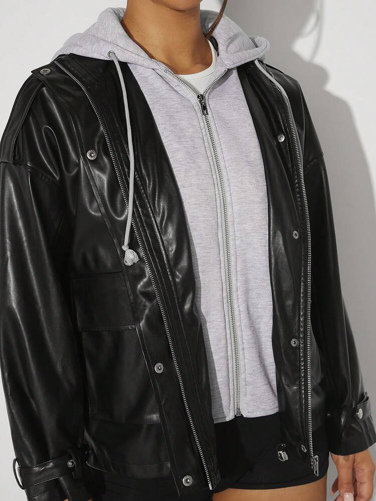 Contrast Hooded PU Leather Jacket