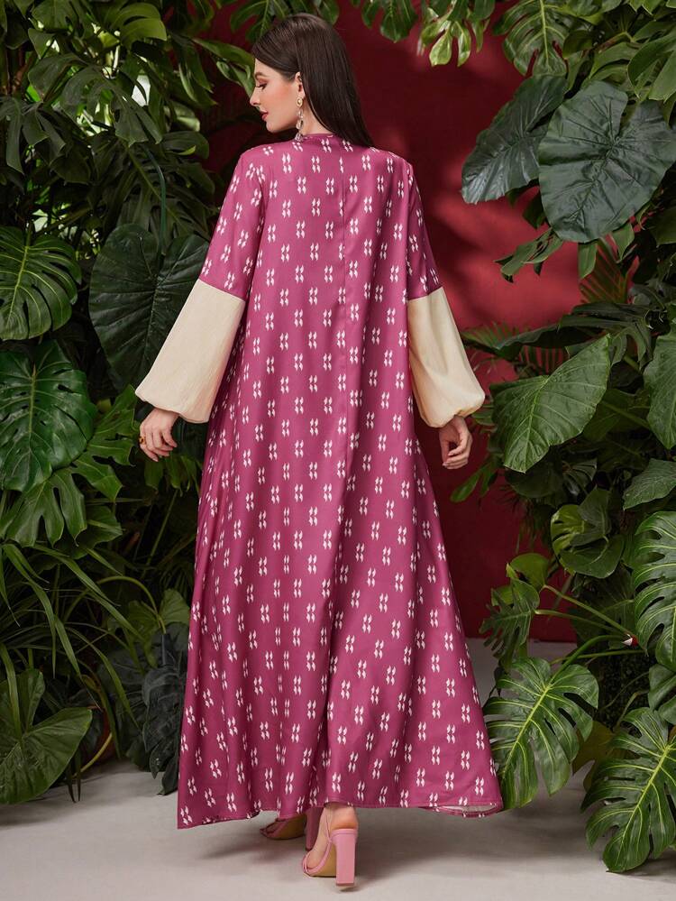 Women's Color Blocking Floral Print Patchwork Dress With Bishop Sleeves And Appliques