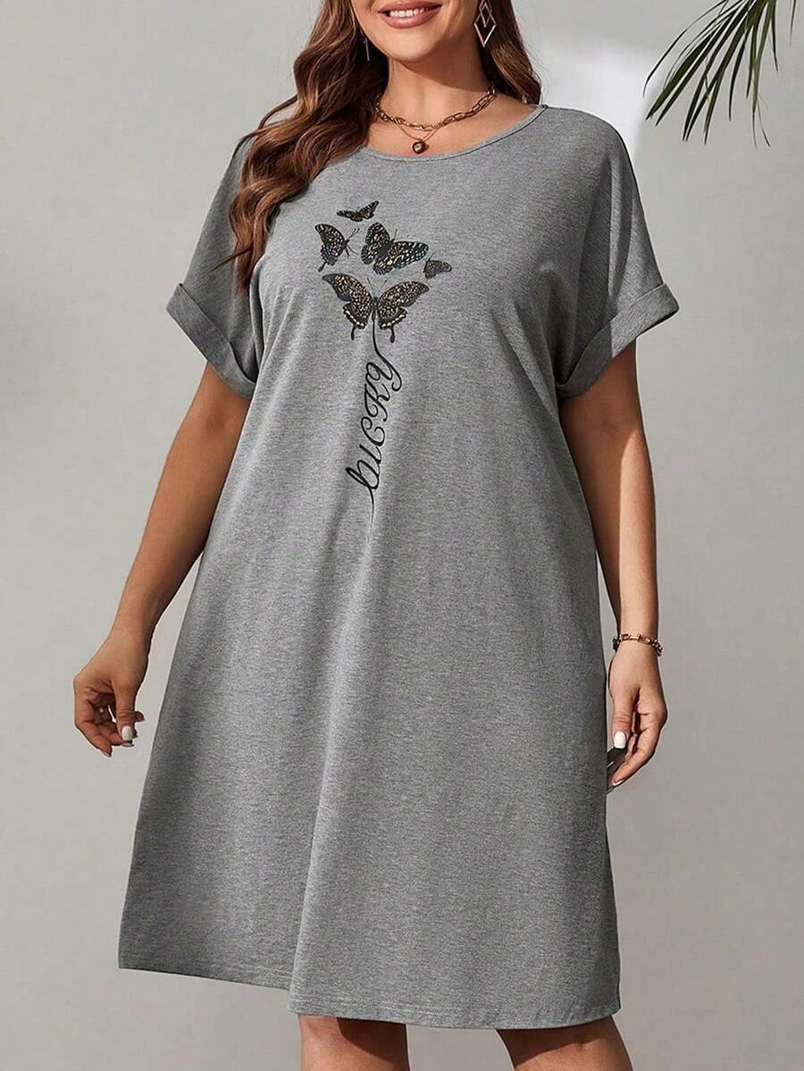 EMERY ROSE Kích thước lớn Của phụ nữ In bướm Giải trí Màu xám Đồ họa Đầm Cho mùa xuân - Xám - Xem 1