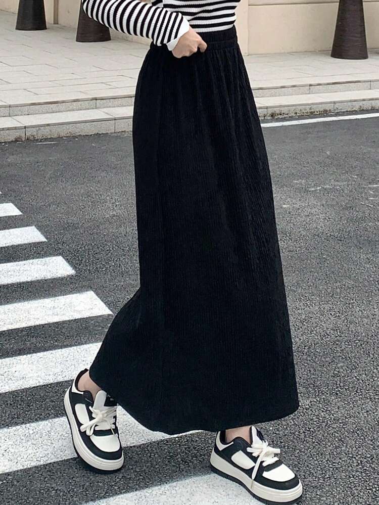 Solid Color Elastic Waist Textured Loose Fit Skirt