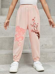 SHEIN Young Girls' Cool Street Style Flower & Dragon Print Jogger Sweatpants With Elastic Cuffs