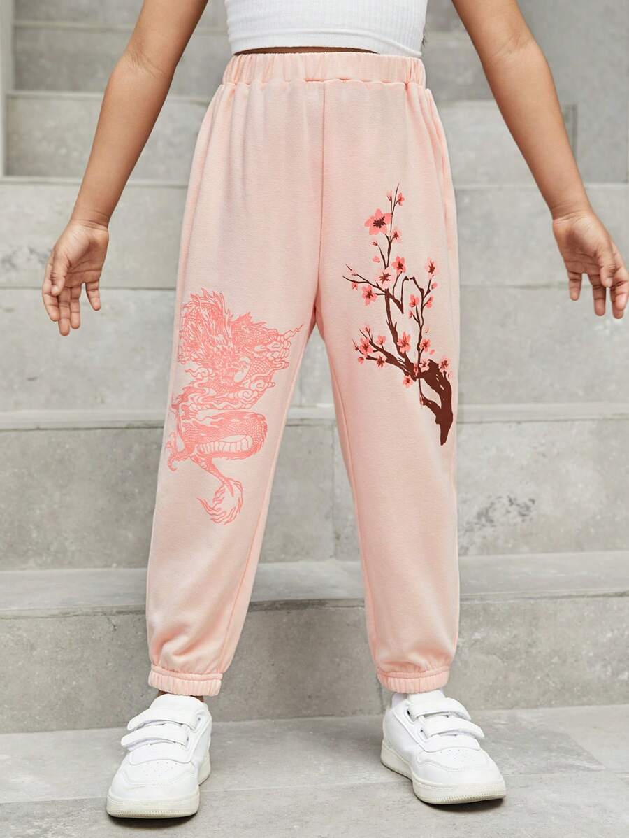 SHEIN Young Girls' Cool Street Style Flower & Dragon Print Jogger Sweatpants With Elastic Cuffs