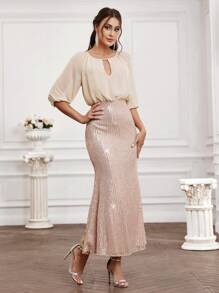 SHEIN BAE Vestido De Dama De Honra Com Patchwork Brilhante, Bainha De Sereia E Mangas De Lanterna - Champagne - Ver 6