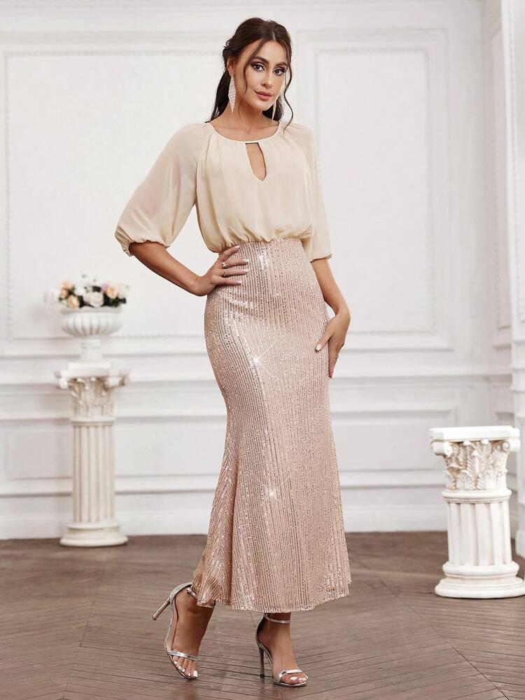 Bridesmaid Dress With Sparkly Patchwork, Mermaid Hem And Lantern Sleeves