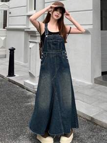 DAZY Loose-Fit Washed Denim Overall Dress With Patch Pockets - Dark Wash - View 6