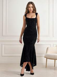 女士细肩带美人鱼下摆连衣裙、派对礼服、婚礼宾客礼服舞会礼服 - 黑色 - 查看 5