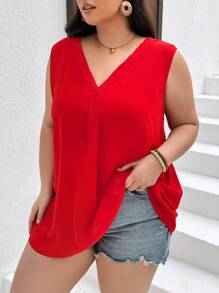 SHEIN CURVE+ بلوزة نسائية بدون أكمام وبياقة على شكل حرف V بلون سادة وجميع المقاسات - الأحمر - مشاهدة 5