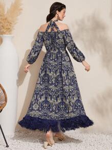 Al Najma Full Print Crisscross Halter Lantern Sleeve Fuzzy Hemline Dress, Belt Not Included - Blue - View 2