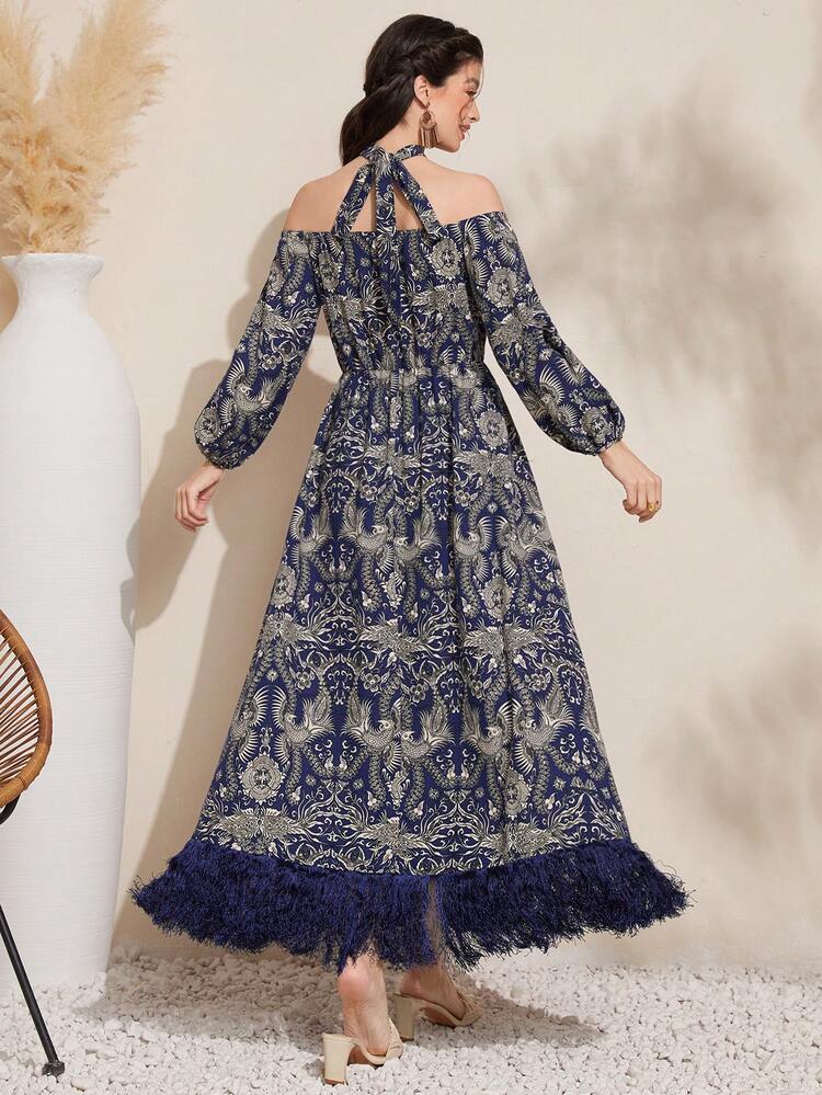 Full Print Crisscross Halter Lantern Sleeve Fuzzy Hemline Dress, Belt Not Included