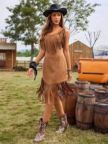 RELISH NOLESS Women Spring Summer Cowgirl Festival Outfit Country Concert Holiday Outwear Casual Sexy Boho Vacation Suede Fringe Dress - Camel - View 4