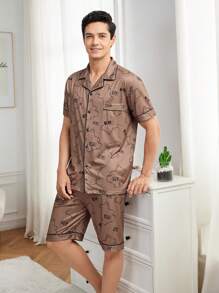 Men's Bear Printed Short Sleeve Top & Shorts Summer Homewear Set With Collar