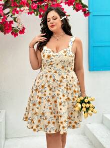 Dreamara 大尺寸花卉印花甜心領綁帶肩帶cami連衣裙 - 彩色 - 查看 5