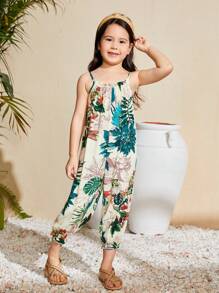 SHEIN Young Girl Woven Tropical Plant Print Loose Casual Vacation Cami Jumpsuit - Beige - View 3