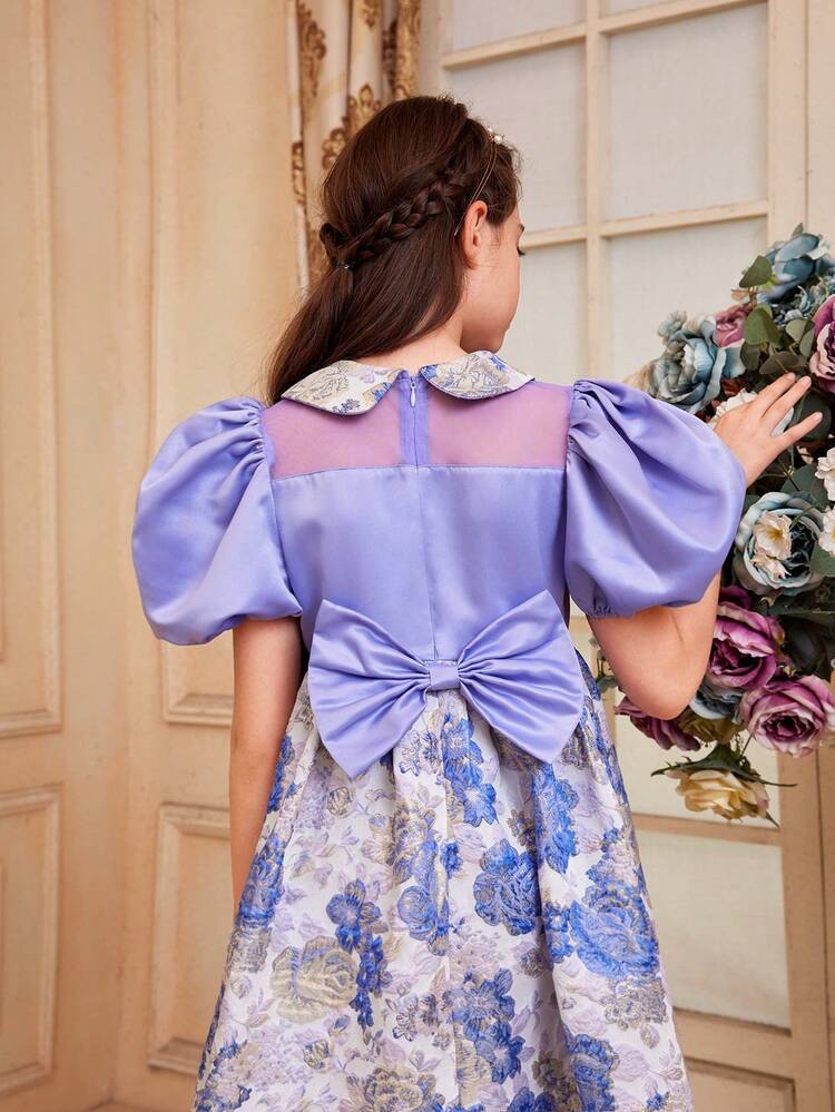 Tween Girls' Peter Pan Collar Bubble Sleeve Floral Jacquard Patchwork Dress