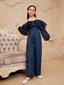 SHEIN Tween Girl Cute Off-Shoulder Long Sleeve Jumpsuit With Ruffle Trim - Blue - View 3