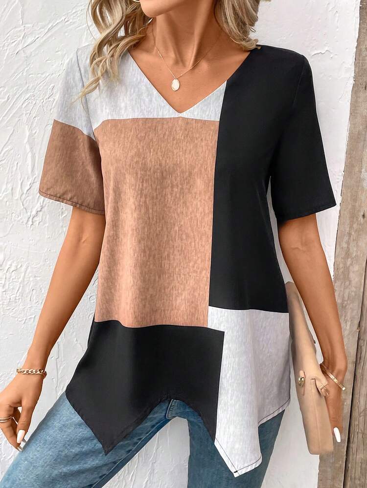 Women's Contrast Patchwork Asymmetric Hem Shirt