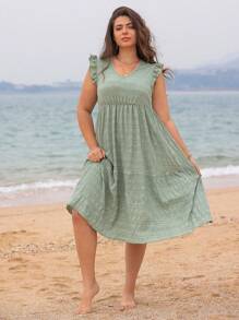 SHEIN LUNE Đầm tay lửng cổ chữ V cỡ lớn cho nữ - màu xanh lá - Xem 1