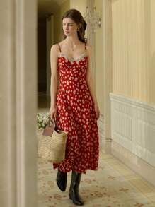 Simple Retro Plus Size Women's Sweet Floral Contrast Lace Spaghetti Strap Dress, French Elegant Vintage Style Summer Vacation Dress - Red - View 8