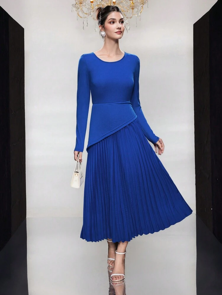 Solid Color Round Neck Pleated Hem A-Line Dress Long Evening Dresses Fall Cloth For Women