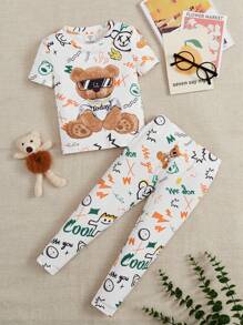 SHEIN Ropa de estar en casa cómoda y casual para niño pequeño con diseño de oso de peluche y letras, de manga corta y pantalones largos, ajustada