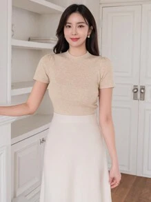 Einfarbiges Slim-Fit-Strickoberteil mit Rippen - Aprikosenfarben - Übersicht 6