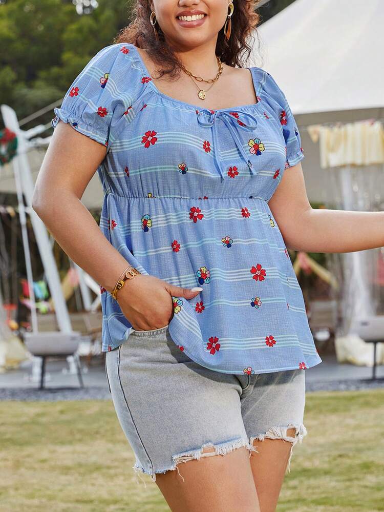 Plus Size Women's Floral Striped Short Sleeve Shirt