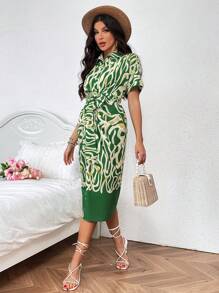 SHEIN Clasi Vestido De Botones Al Frente Con Estampado De Retazos - Verde - Ver 6